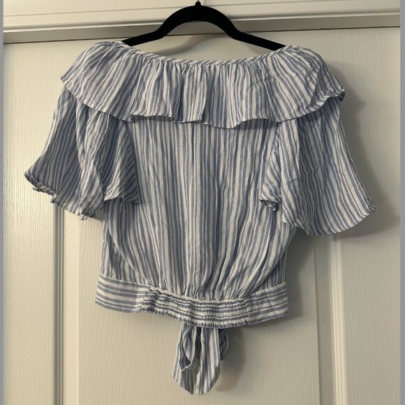 NWT Free People Blue White Rosemary Striped Tie Front Cropped Ruffle Blouse (XS) - Picture 2 of 6